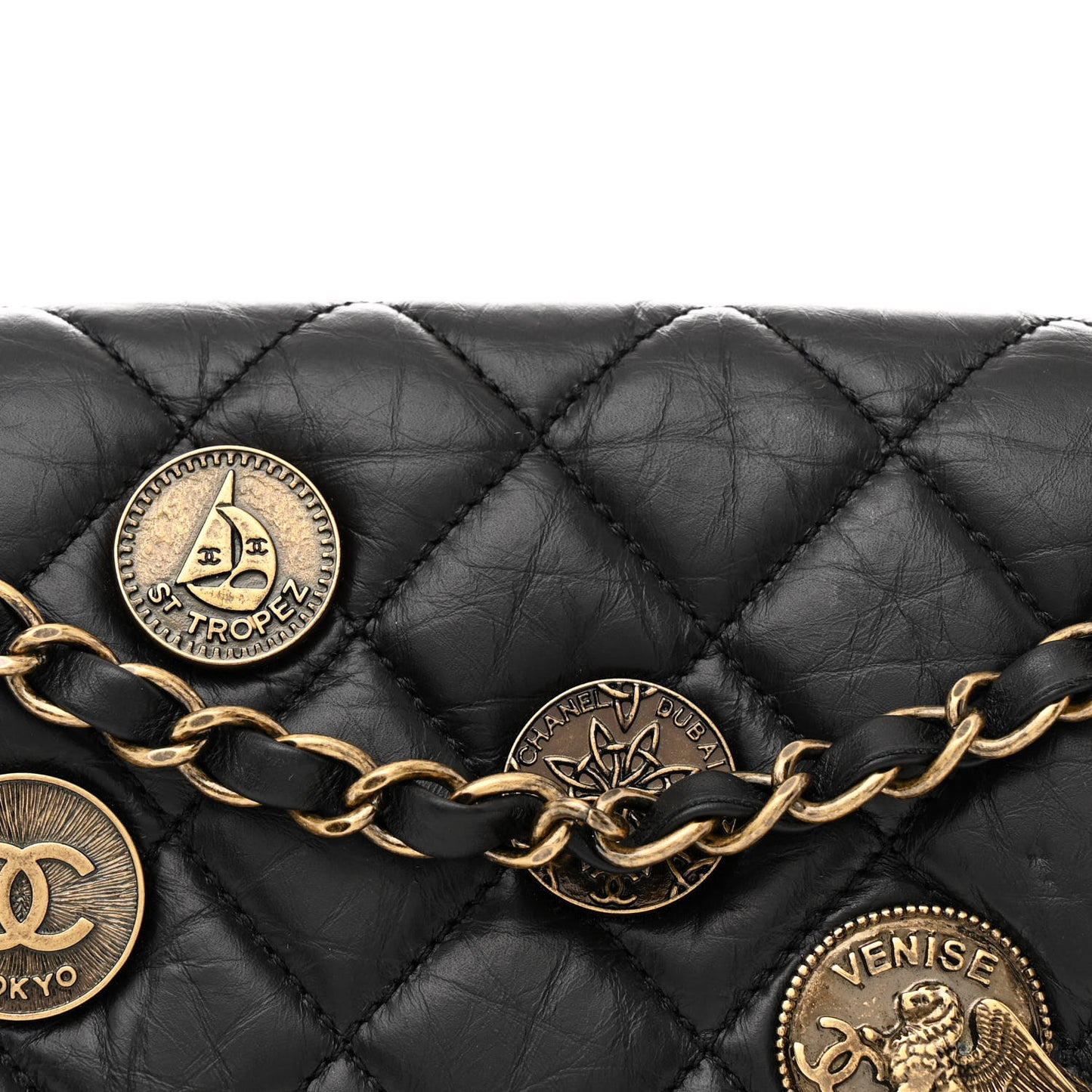 Aged Calfskin Quilted Medium Medallion Flap Black