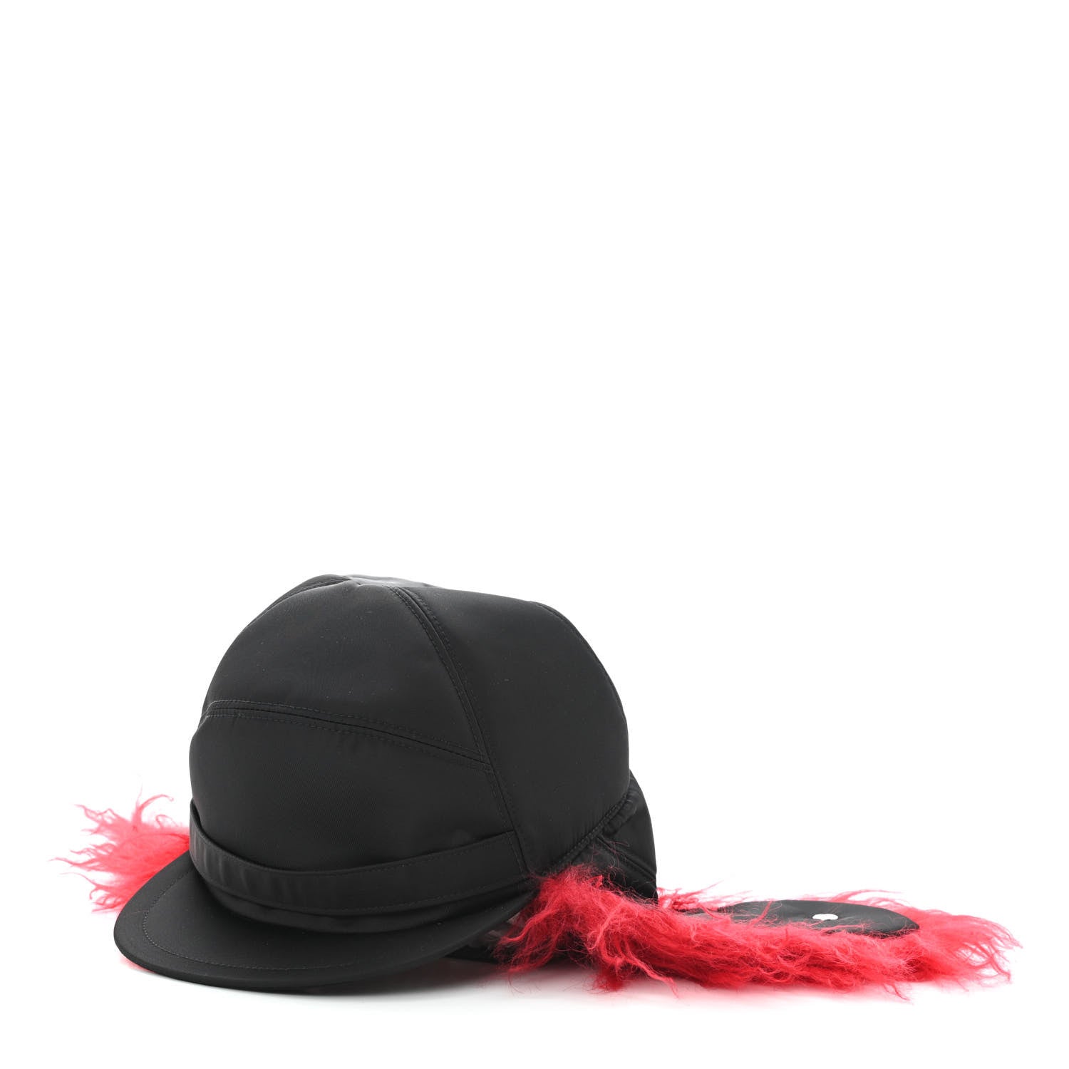 Prada Re-Nylon Curly Faux Fur Mens Ear Flap Baseball Hat M Black Cerise 1 of 9