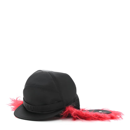 Prada Re-Nylon Curly Faux Fur Mens Ear Flap Baseball Hat M Black Cerise 1 of 9