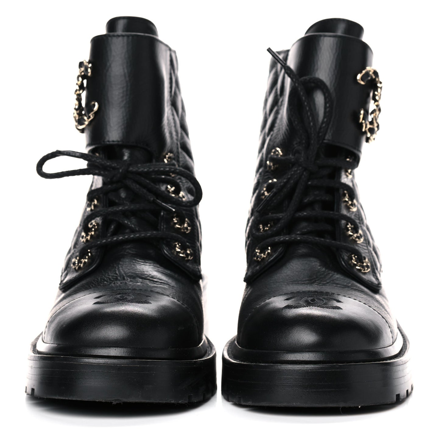Shiny Goatskin Calfskin Quilted Lace Up Combat Boots 38 Black
