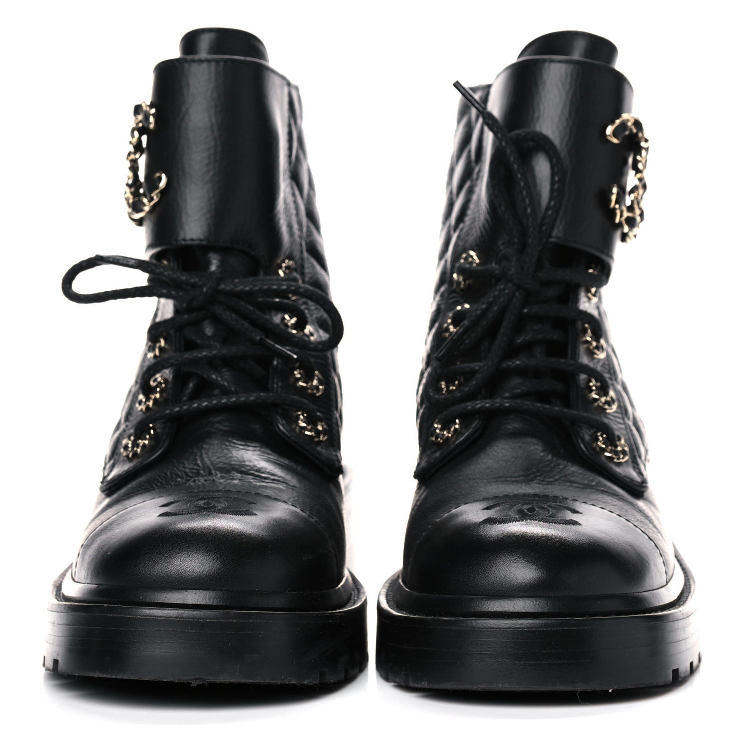 Chanel Shiny Goatskin Calfskin Quilted Lace Up Combat Boots 38 Black 2 of 13