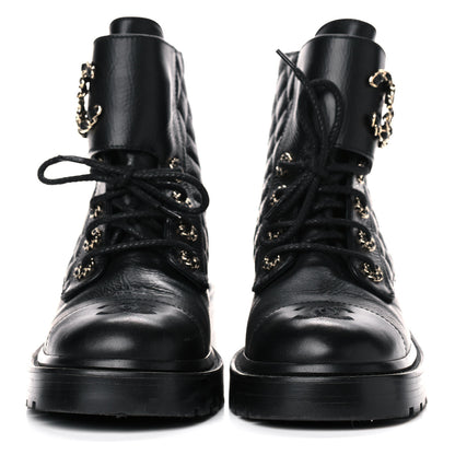 Chanel Shiny Goatskin Calfskin Quilted Lace Up Combat Boots 38 Black 2 of 13