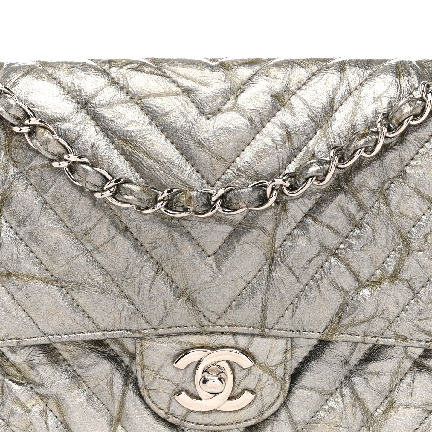 Metallic Patent Crumpled Calfskin Chevron Quilted Medium Double Flap Silver