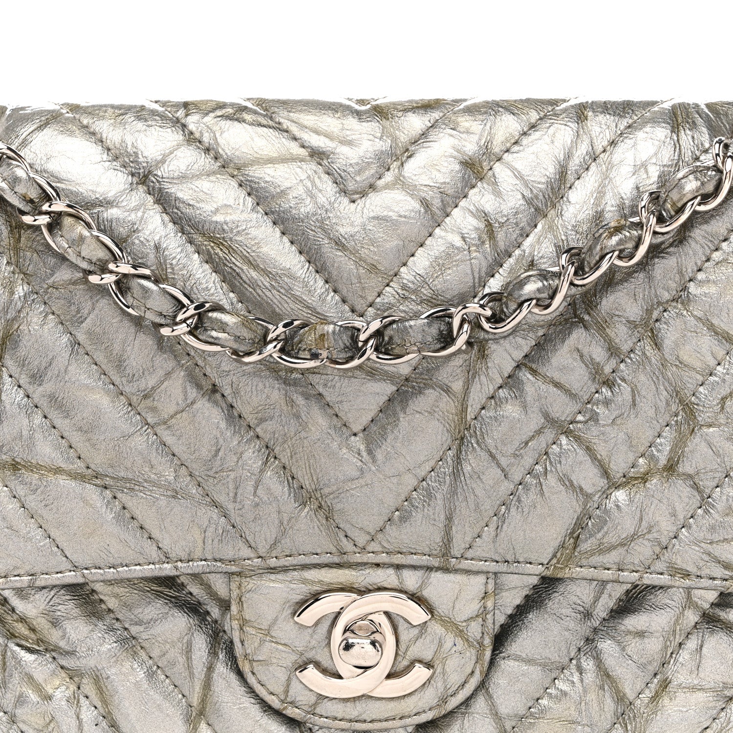 Chanel Metallic Patent Crumpled Calfskin Chevron Quilted Medium Double Flap Silver 8 of 13