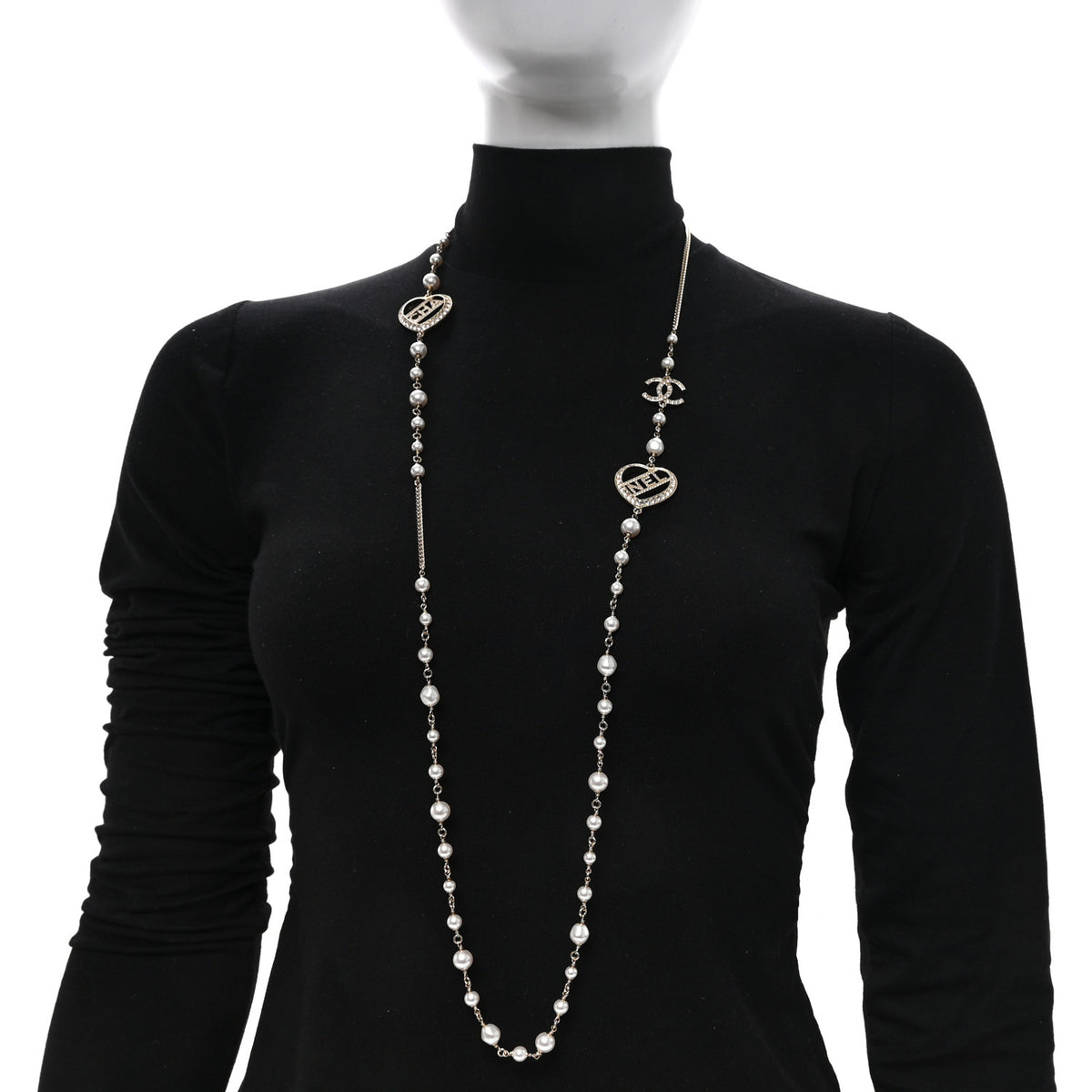 Chanel Crystal Pearl Heart CC Long Necklace Gold 2 of 5