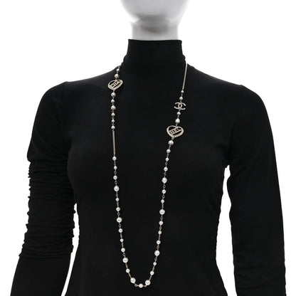 Chanel Crystal Pearl Heart CC Long Necklace Gold 2 of 5