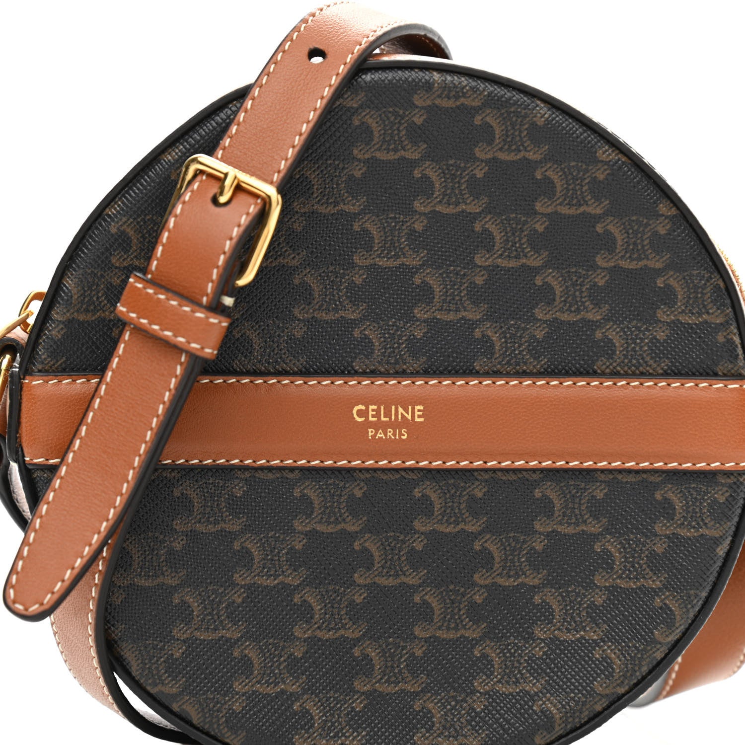 Celine Lambskin Triomphe Canvas Round Purse On Strap Black Tan 7 of 9
