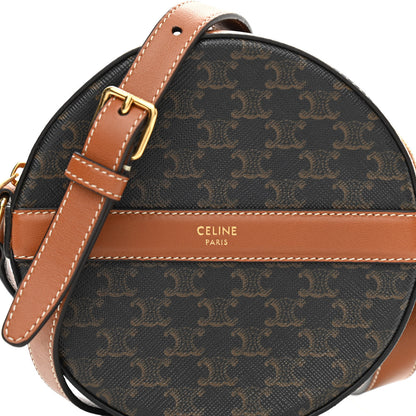 Celine Lambskin Triomphe Canvas Round Purse On Strap Black Tan 7 of 9
