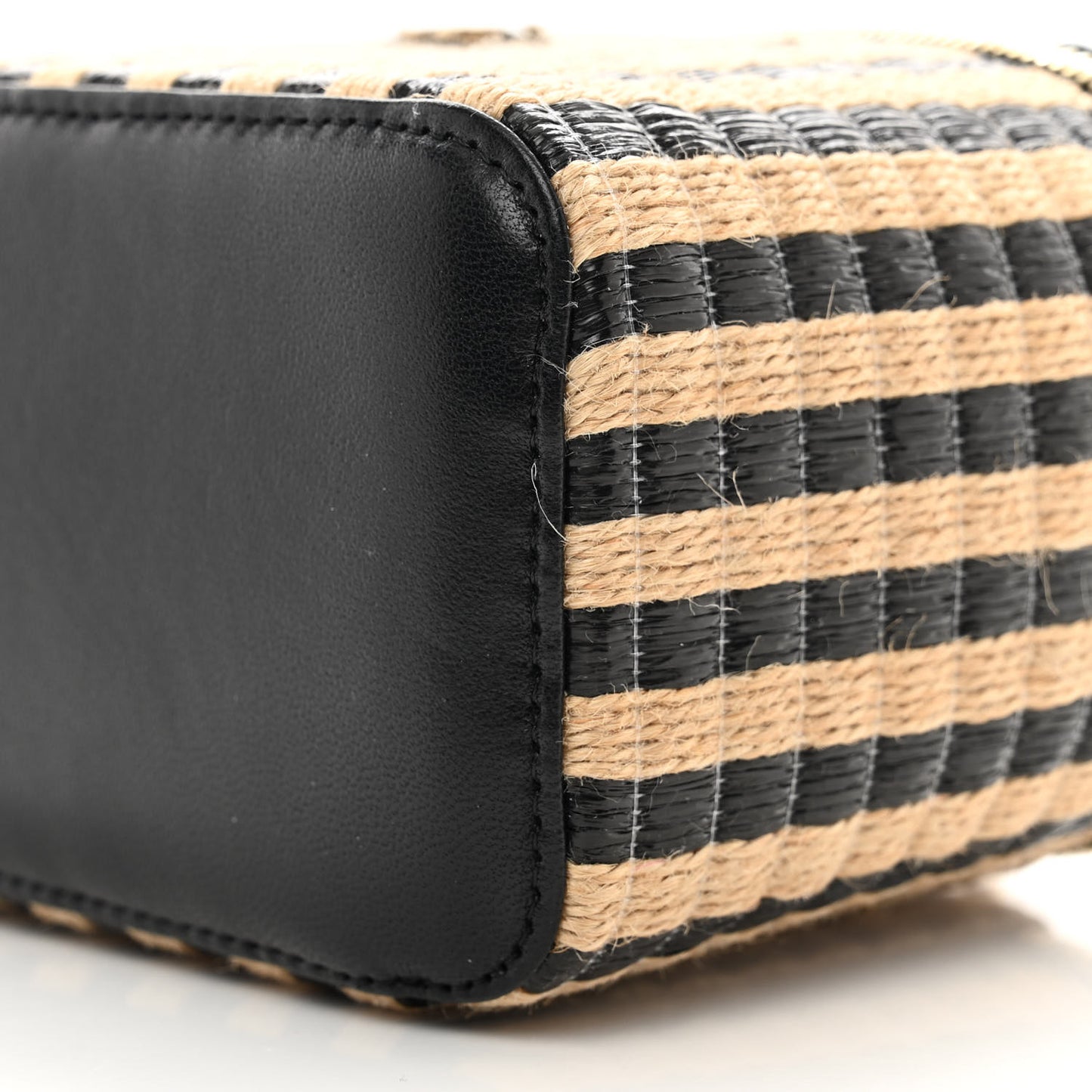 Raffia Jute Striped Small Vanity Case With Chain Black Beige