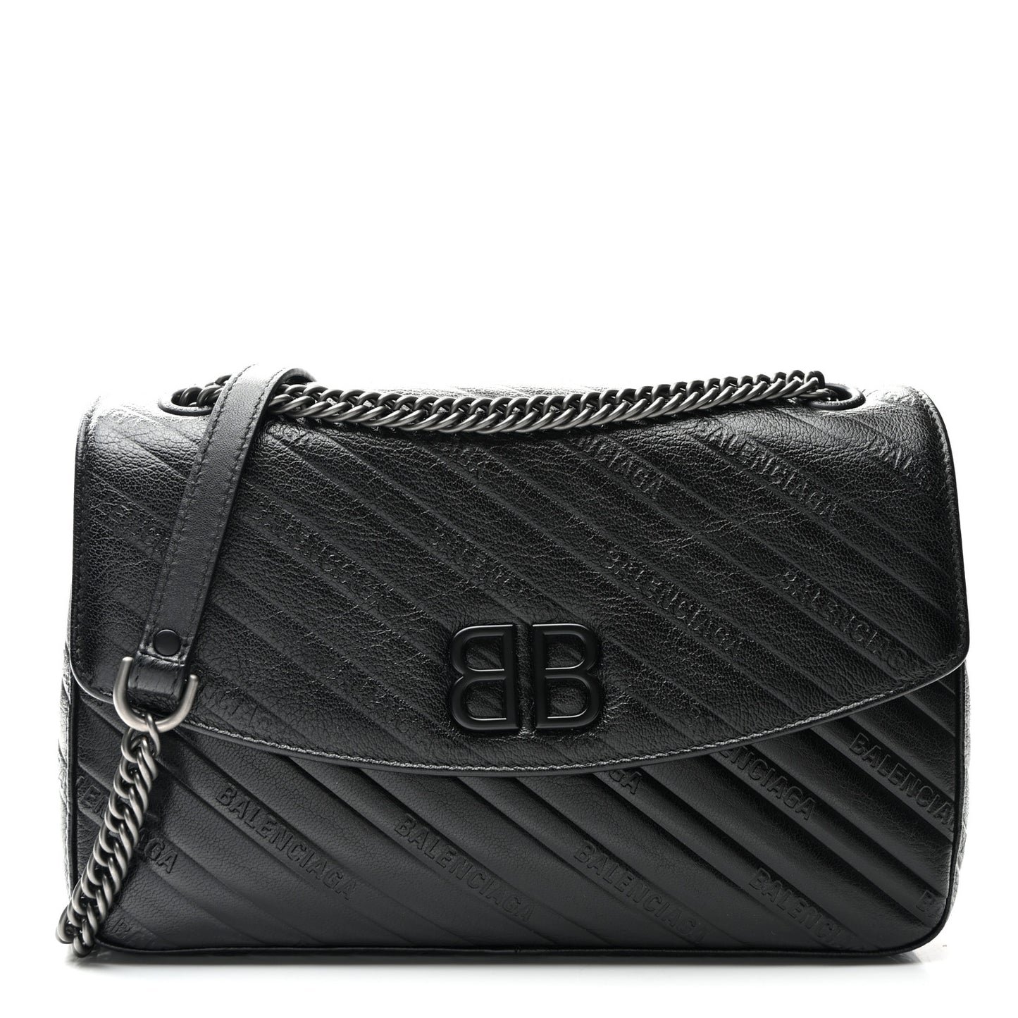 Shiny Goatskin Logo Embossed Monochrome M BB Round Shoulder Bag Black