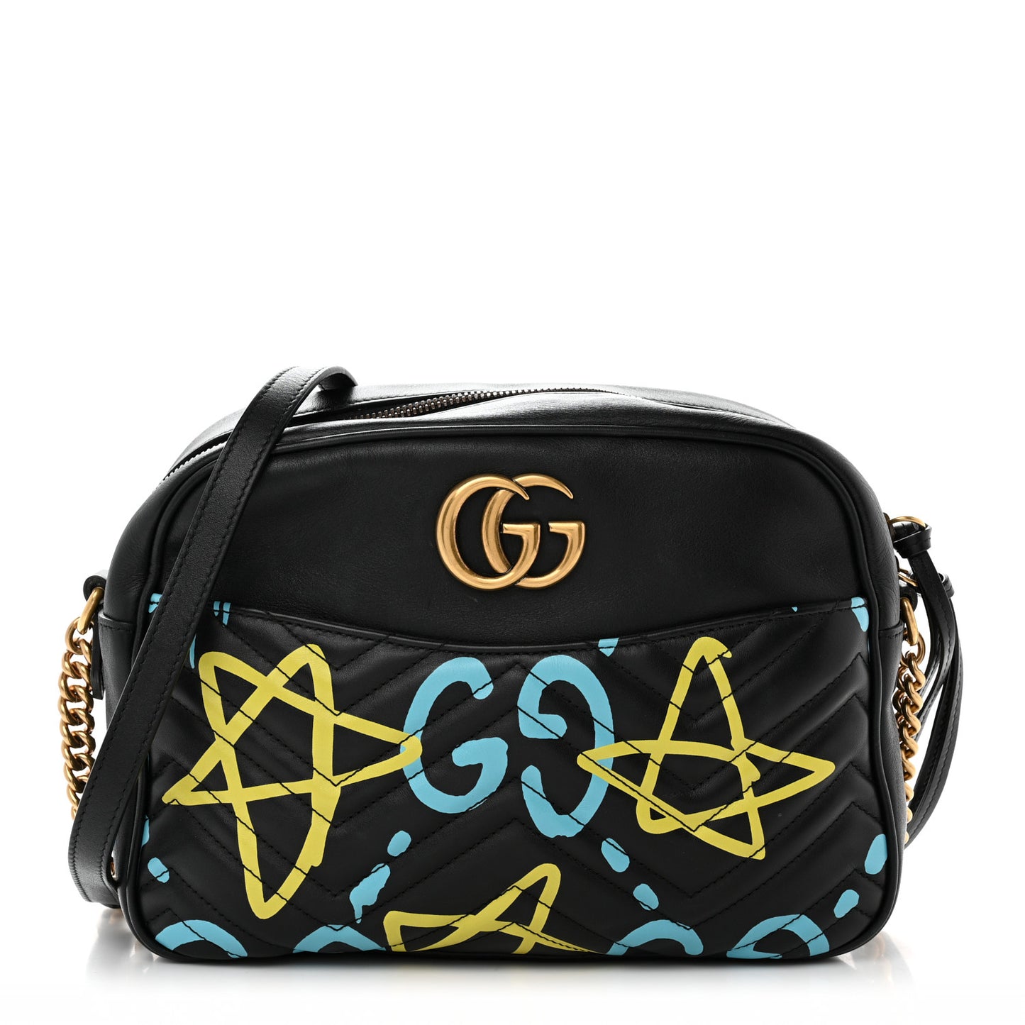 Calfskin Matelasse GucciGhost Medium GG Marmont Chain Shoulder Bag Black New Acquamarine