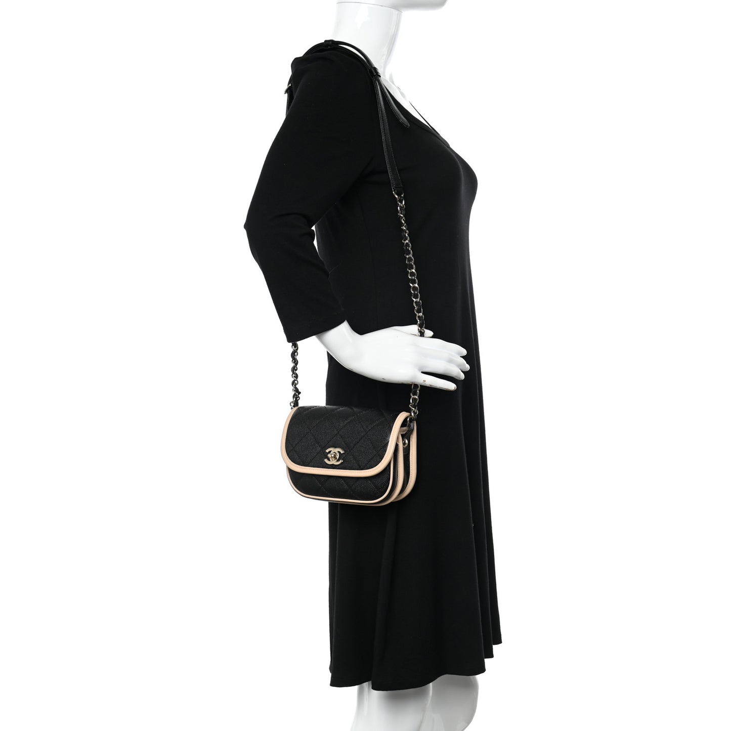 Iridescent Caviar Quilted Mini Two Tone Flap Black Beige
