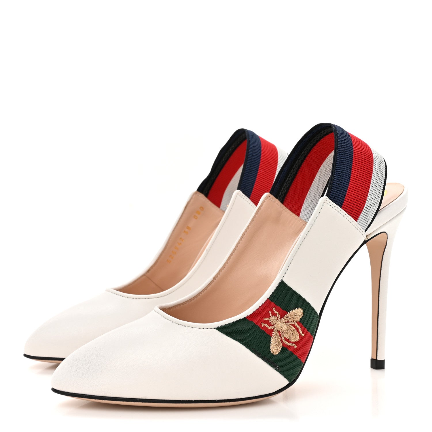 Gucci Malaga Kid Web Sylvie High Heel Slingback Pumps 38 White 4 of 11