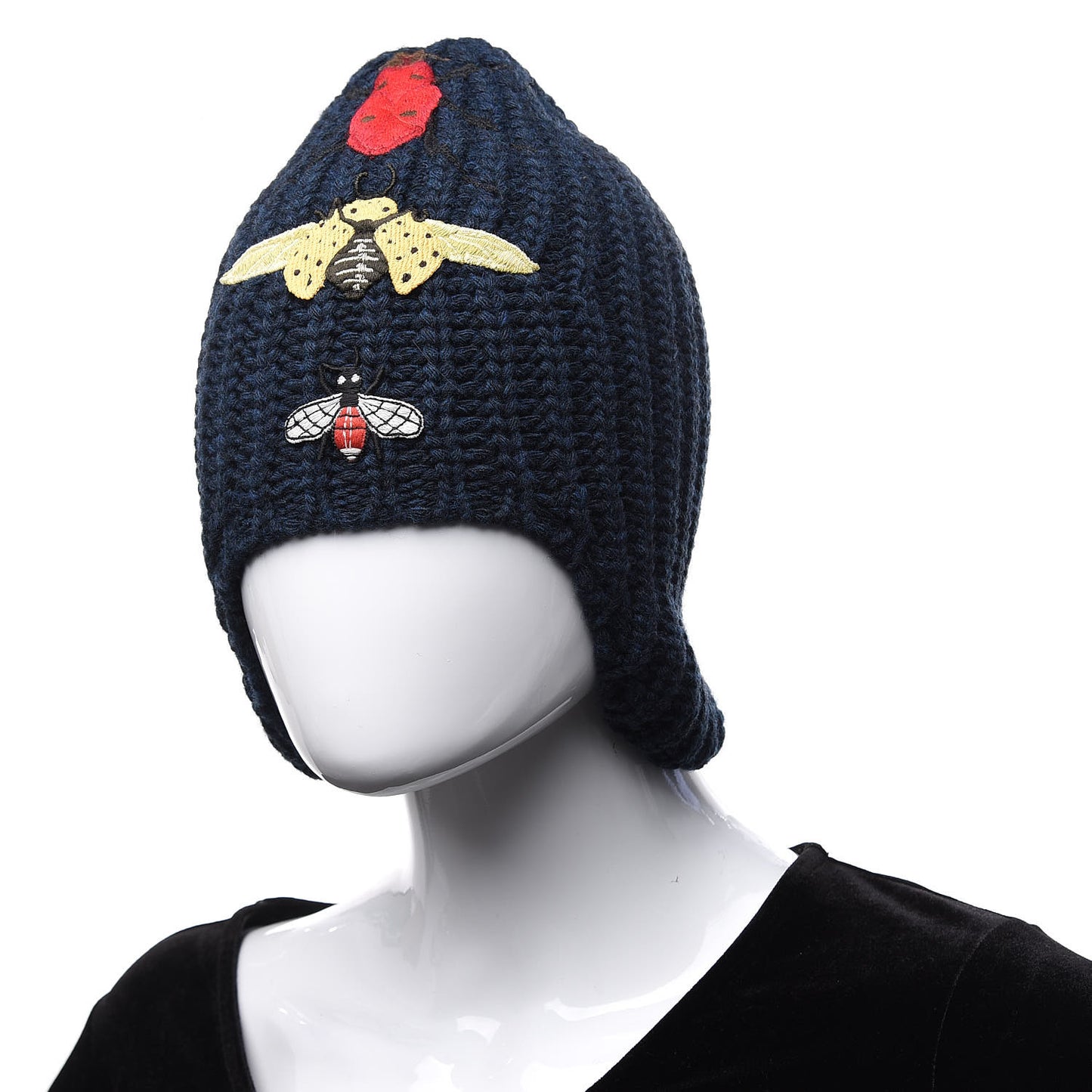Wool Knit Cusco Insect Embroidered Beanie Hat S Navy
