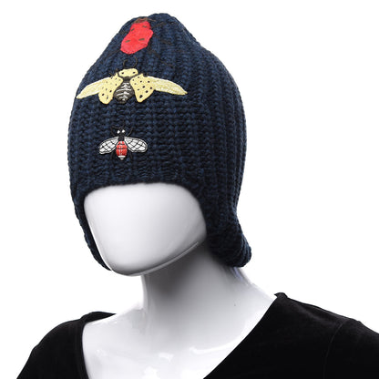 Gucci Wool Knit Cusco Insect Embroidered Beanie Hat S Navy 2 of 4