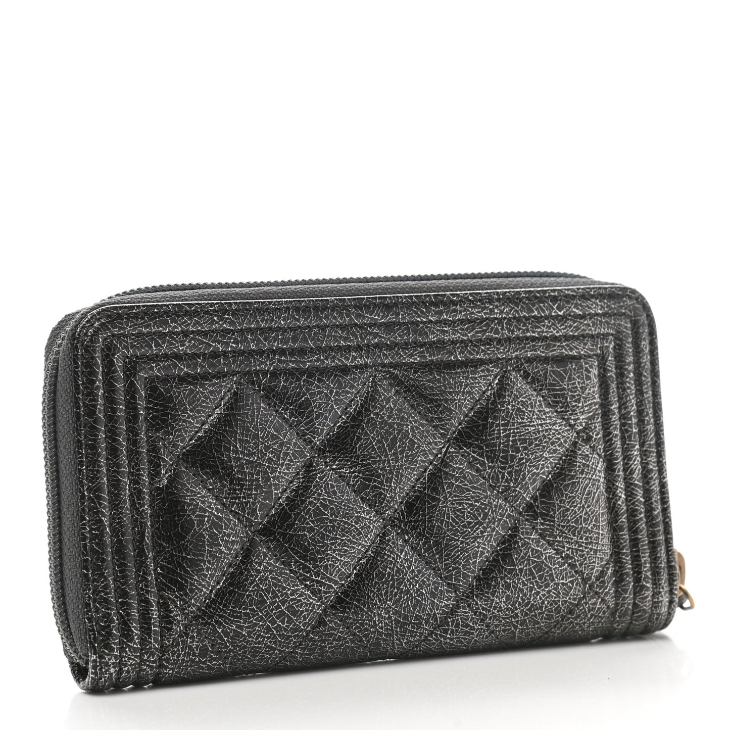 Cracked Metallic Calfskin Quilted Medium Boy Zip Around Wallet Dark Silver