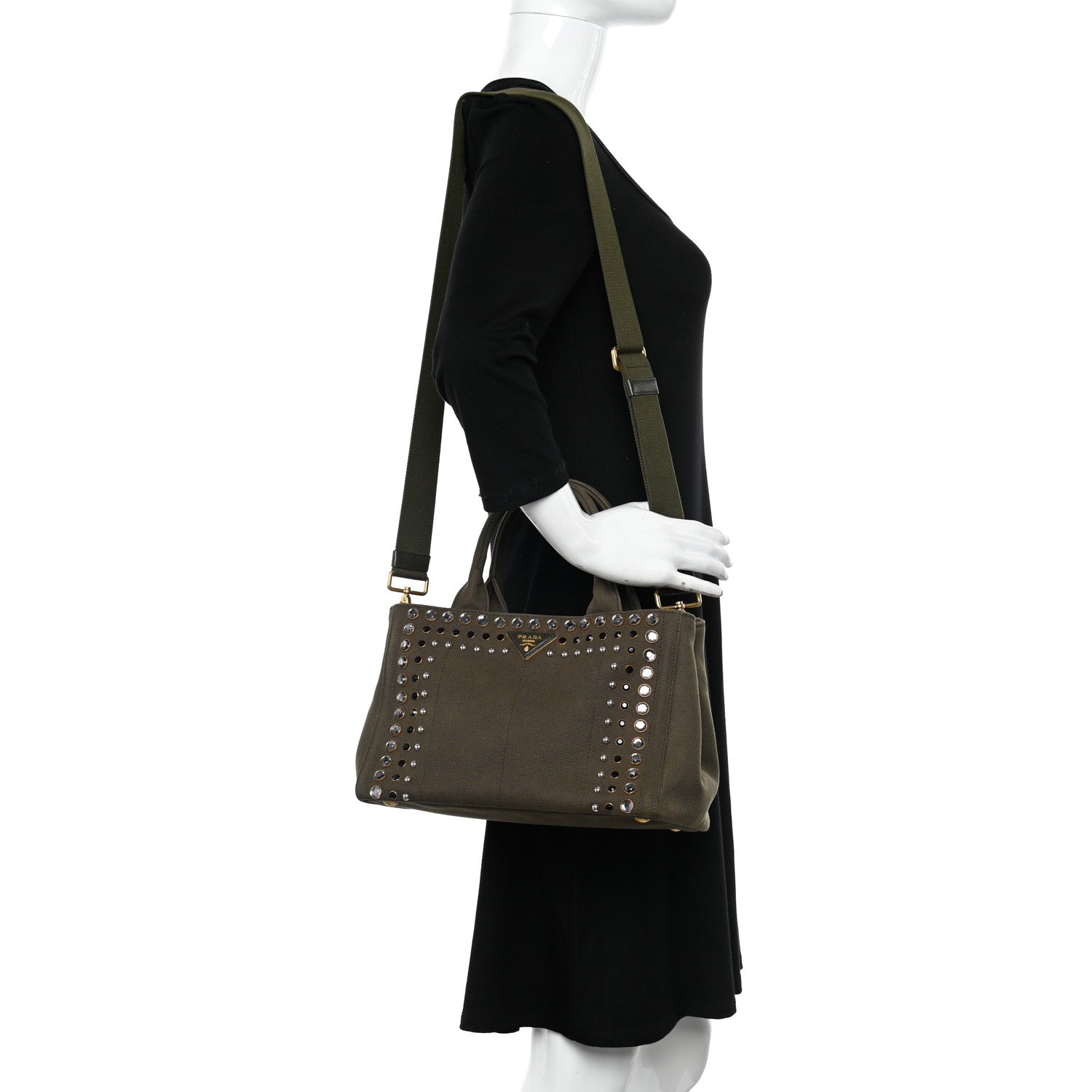 Prada Canvas Studded Crystal Canapa Tote Militare 2 of 10
