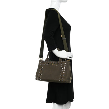 Prada Canvas Studded Crystal Canapa Tote Militare 2 of 10