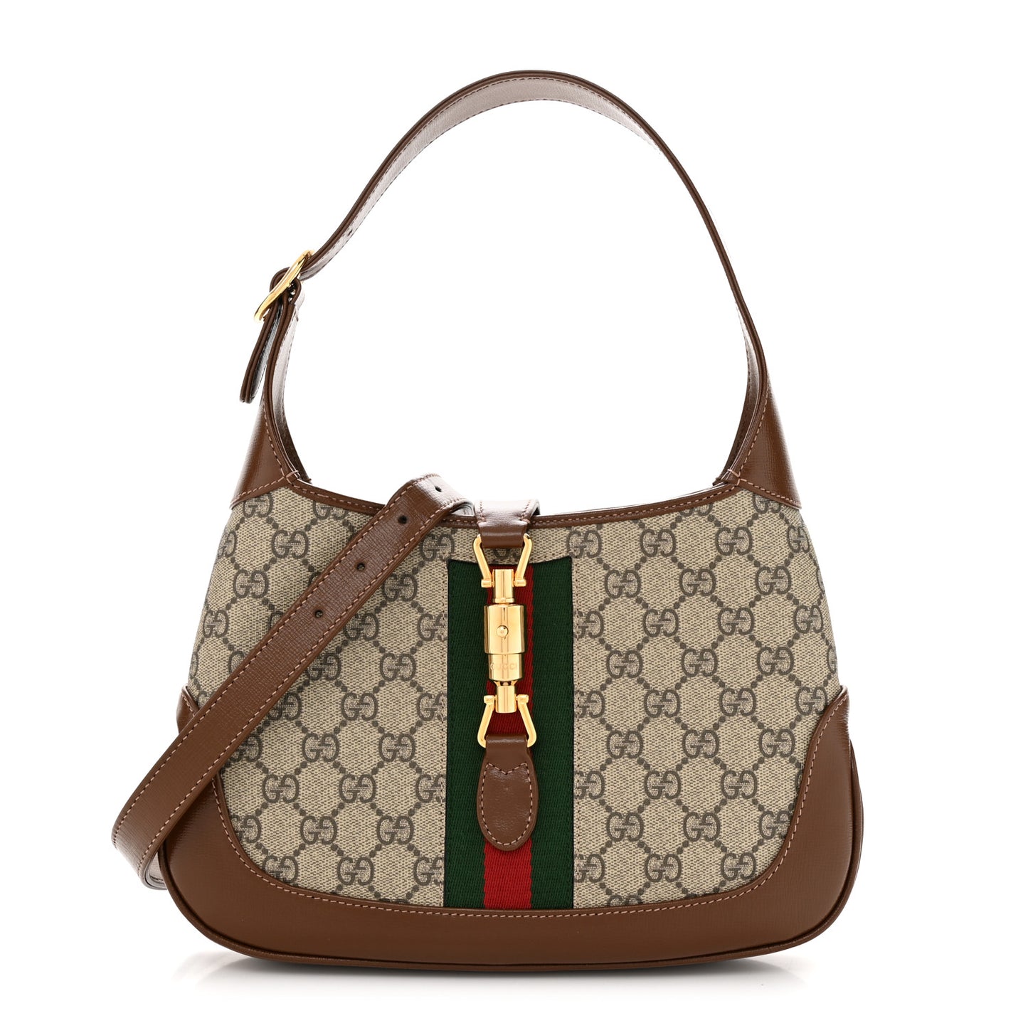 GG Supreme Monogram Azalea Calfskin Web Small Jackie 1961 Hobo Beige Ebony Brown Sugar