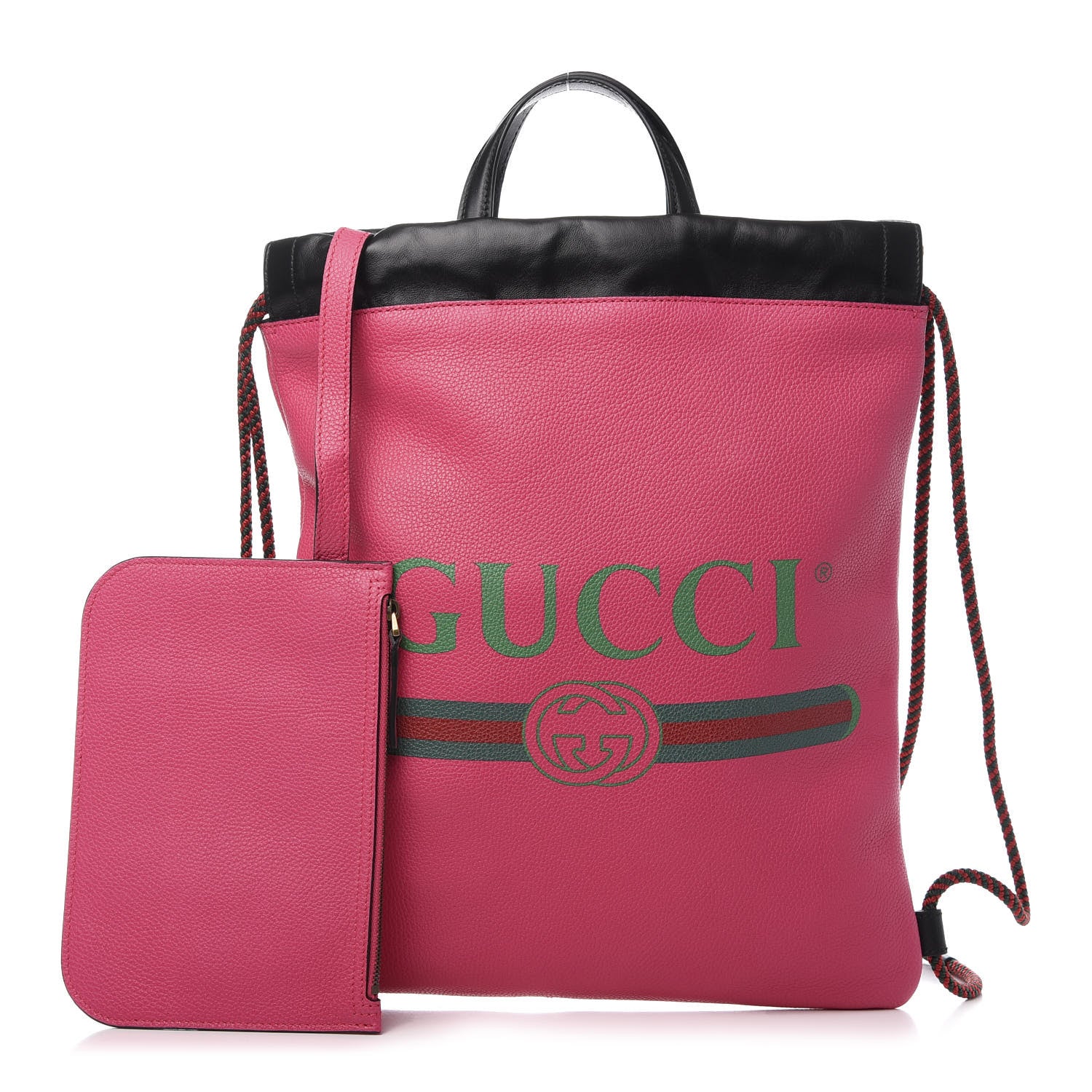 Gucci Grained Calfskin Logo Drawstring Backpack Box Pink Green Black 1 of 12