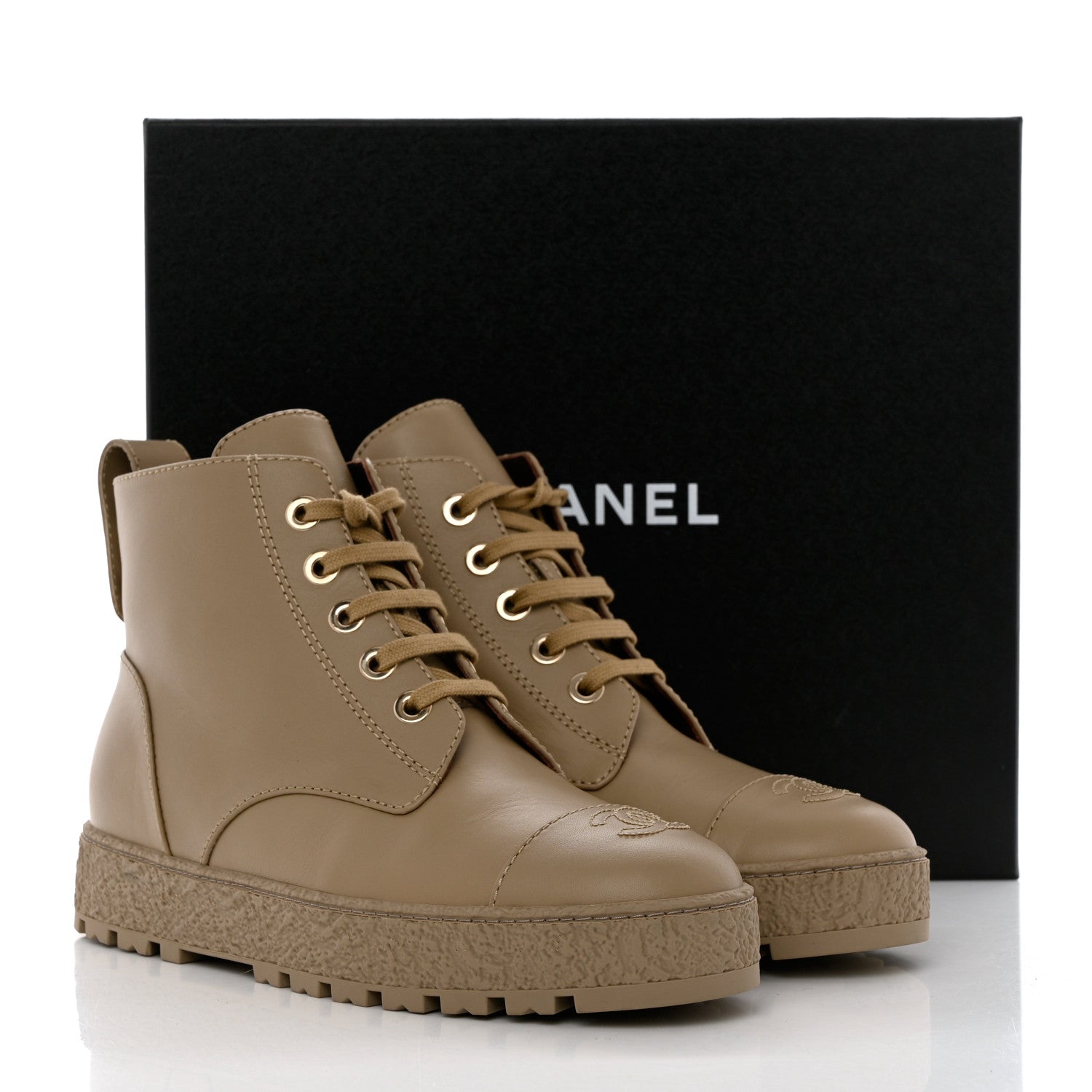 Chanel Calfskin CC Turnlock Lace Up Boots 40 Beige 12 of 12