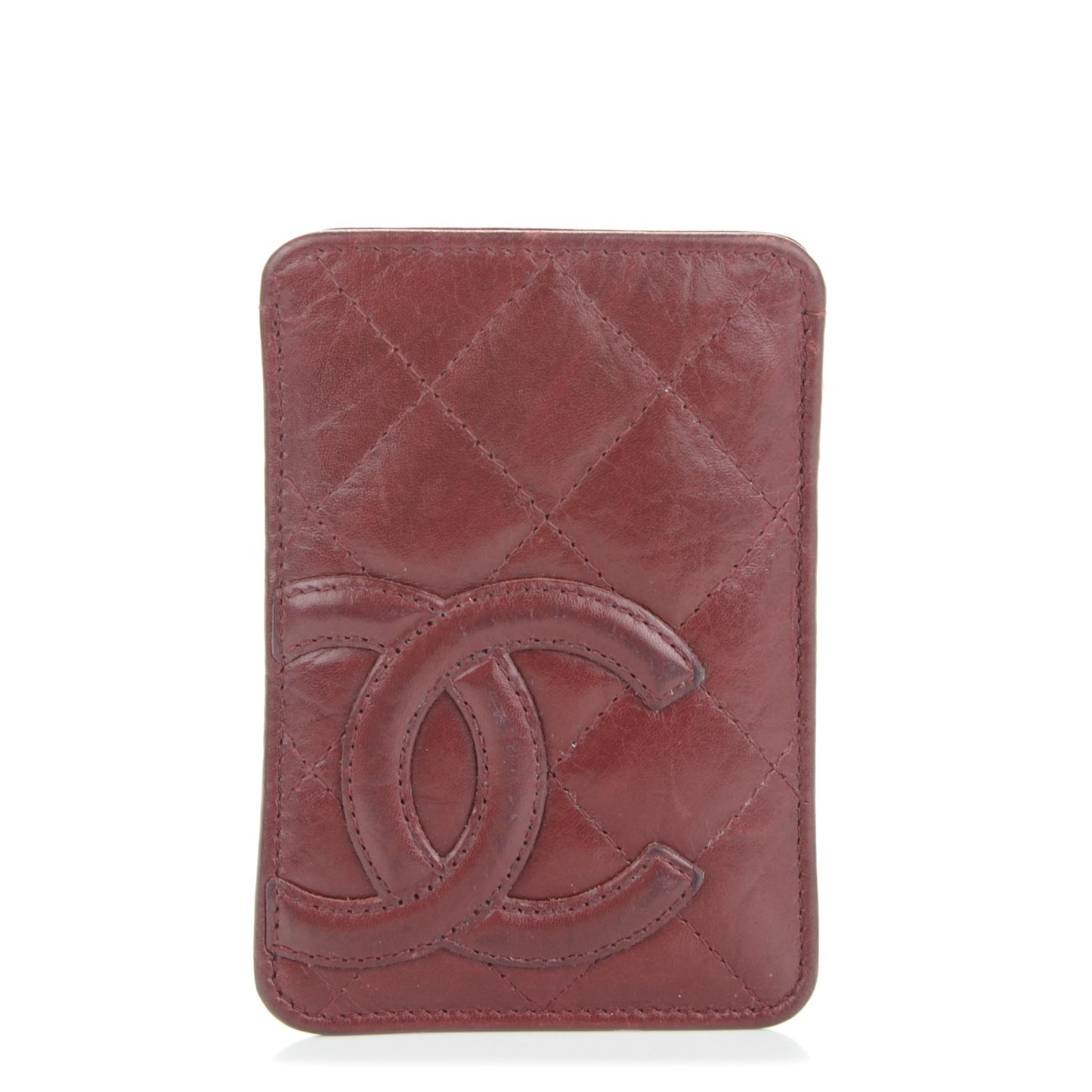 Aged Calfskin Quilted Cambon Card Case Holder Dark Red