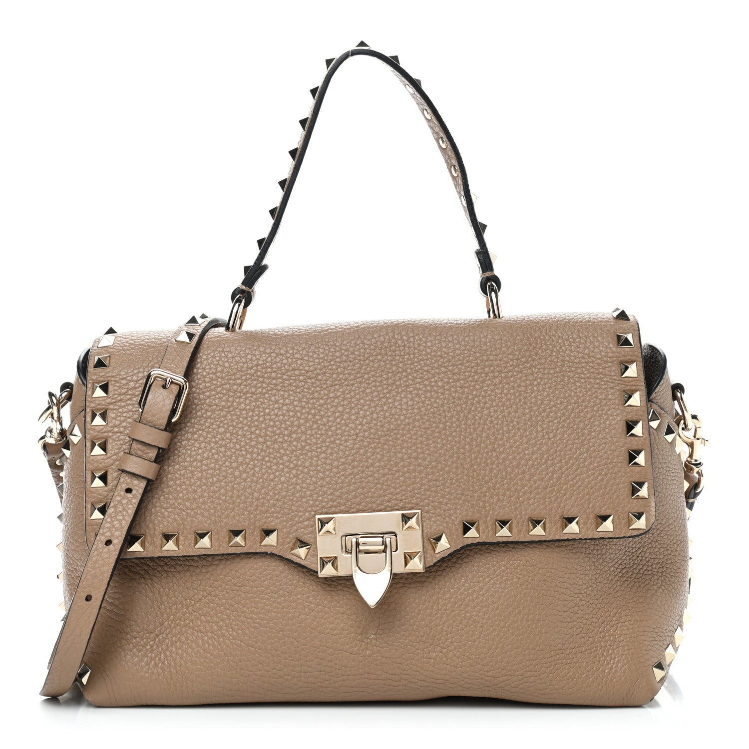 Valentino Garavani Pebbled Calfskin Rockstud Single Handle Flap Bag Beige 1 of 8