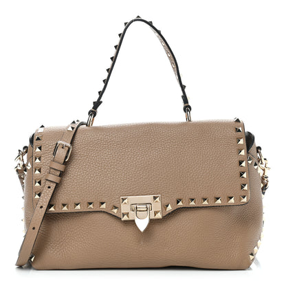 Valentino Garavani Pebbled Calfskin Rockstud Single Handle Flap Bag Beige 1 of 8