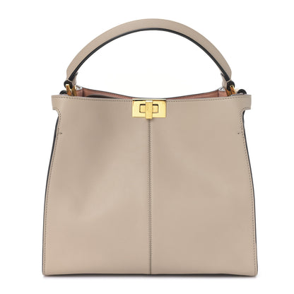Fendi Vitello Seta Glazed Fabric FF 1974 Medium Peekaboo X-Lite Nuvola Mogano Panna 1 of 8