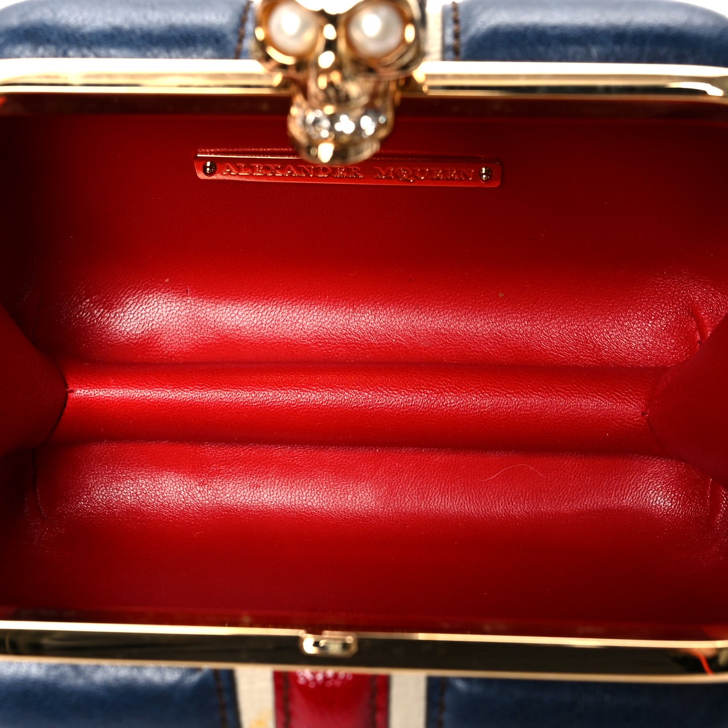 Patent Calfskin Britannia Skull Box Clutch Red Blue