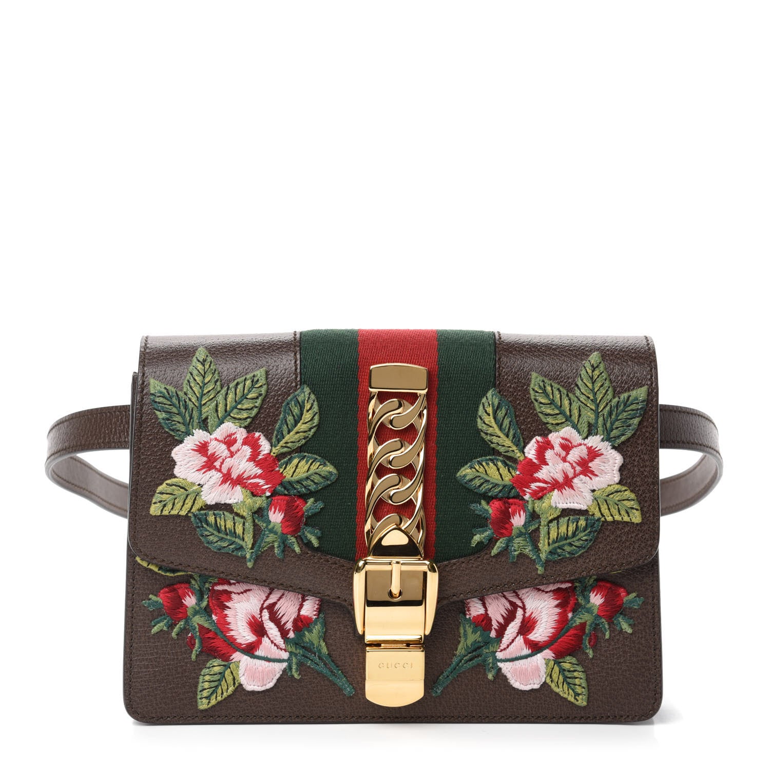 Gucci Calfskin Embroidered Sylvie Belt Bag Brown 1 of 10