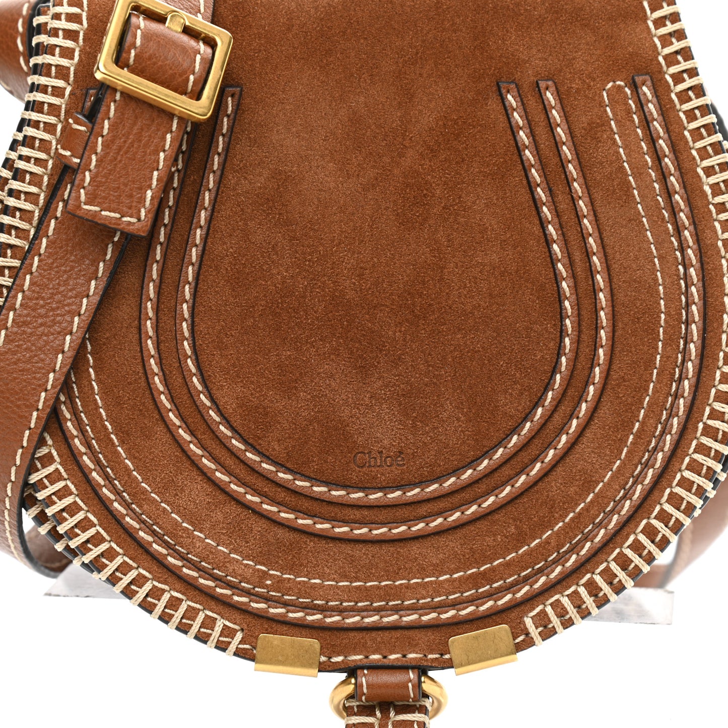 Suede Calfskin Stitched Small Marcie Round Crossbody Bag Tan