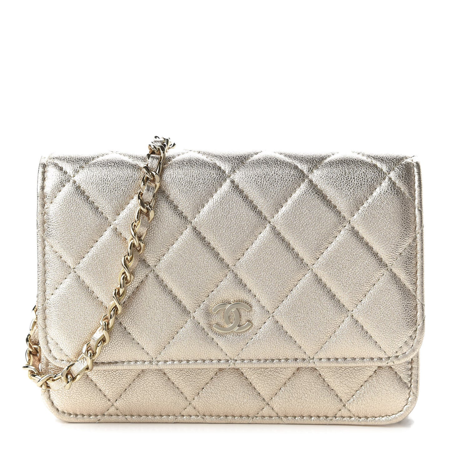 Metallic Lambskin Quilted Mini Wallet On Chain WOC Gold