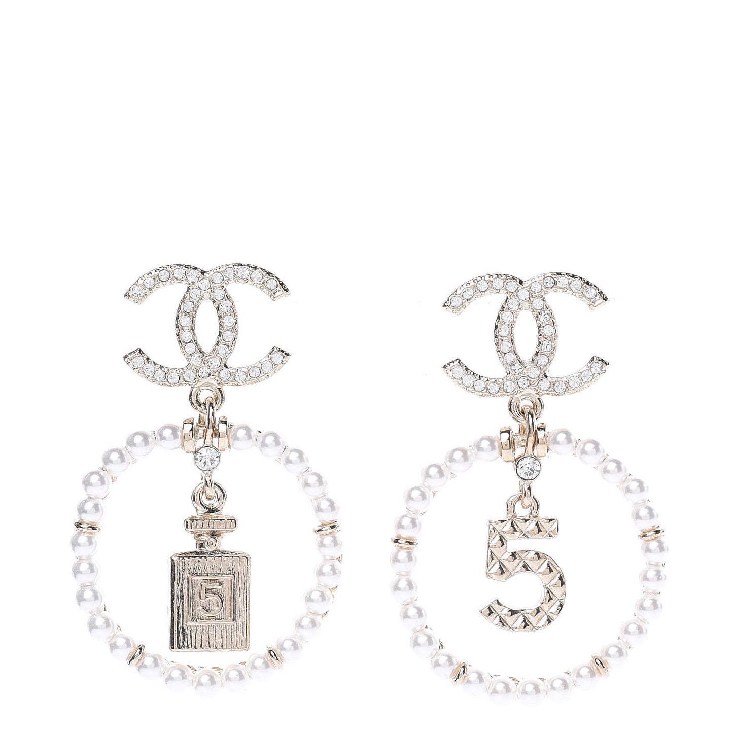 Crystal Pearl Charms CC Drop Earrings Gold