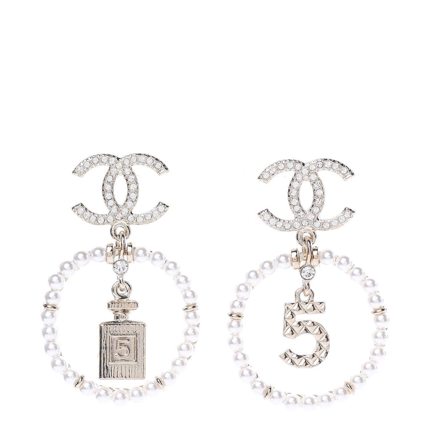 Chanel Crystal Pearl Charms CC Drop Earrings Gold 1 of 5