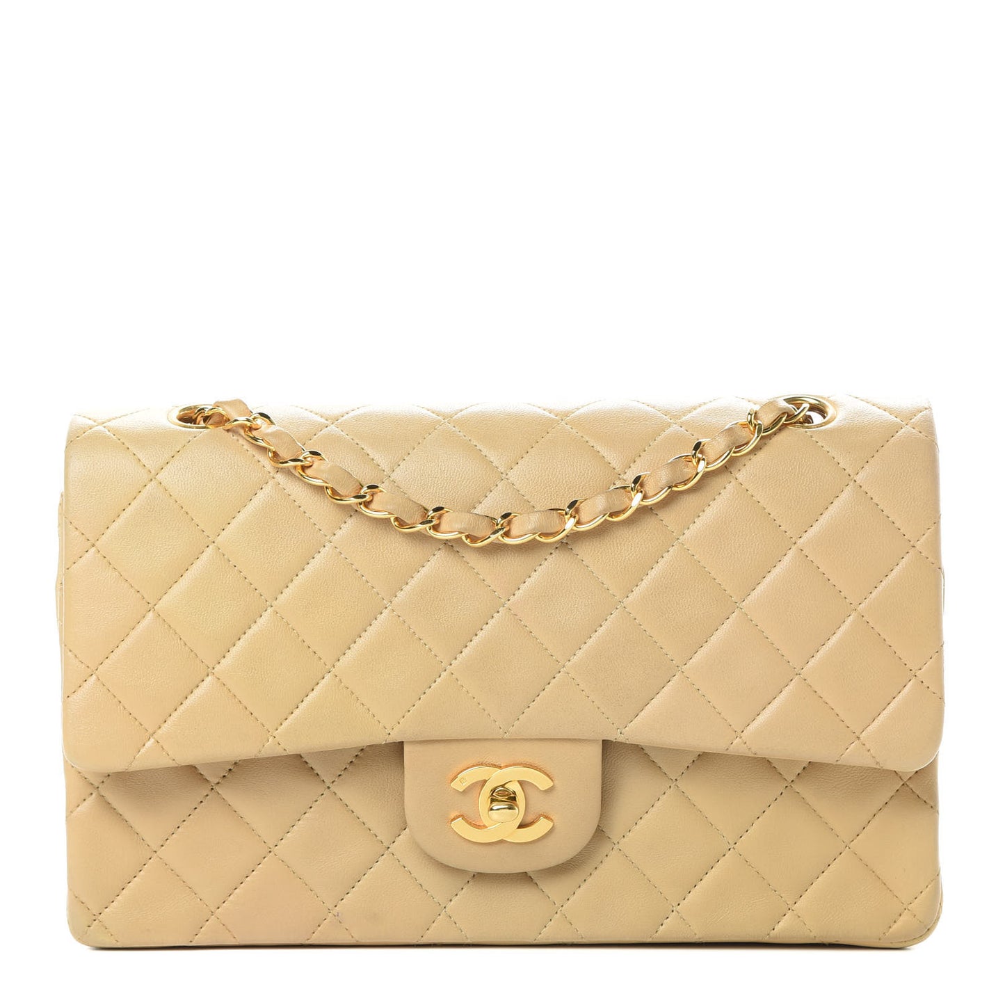 Lambskin Quilted Medium Double Flap Beige
