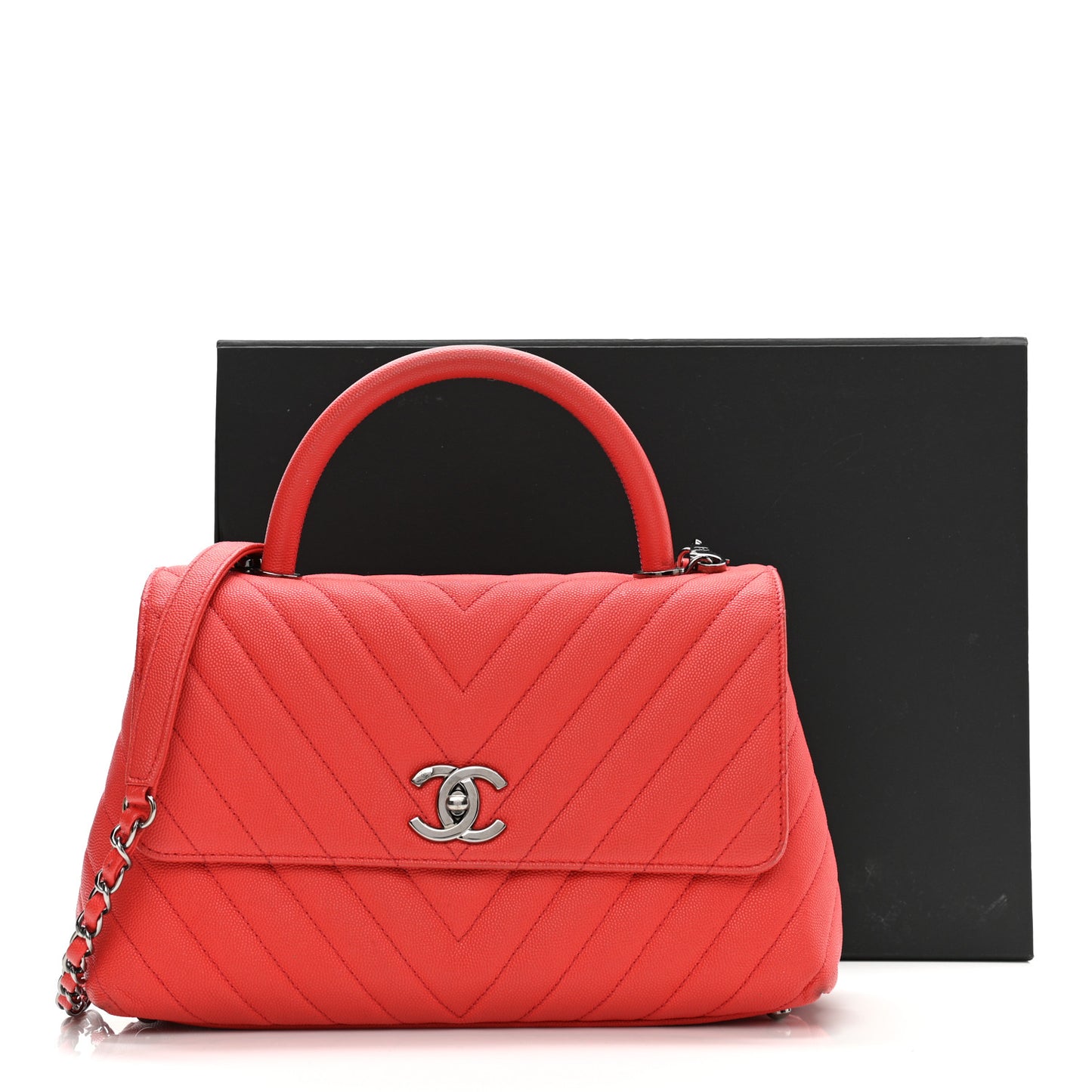 Caviar Chevron Quilted Small Coco Handle Flap Red