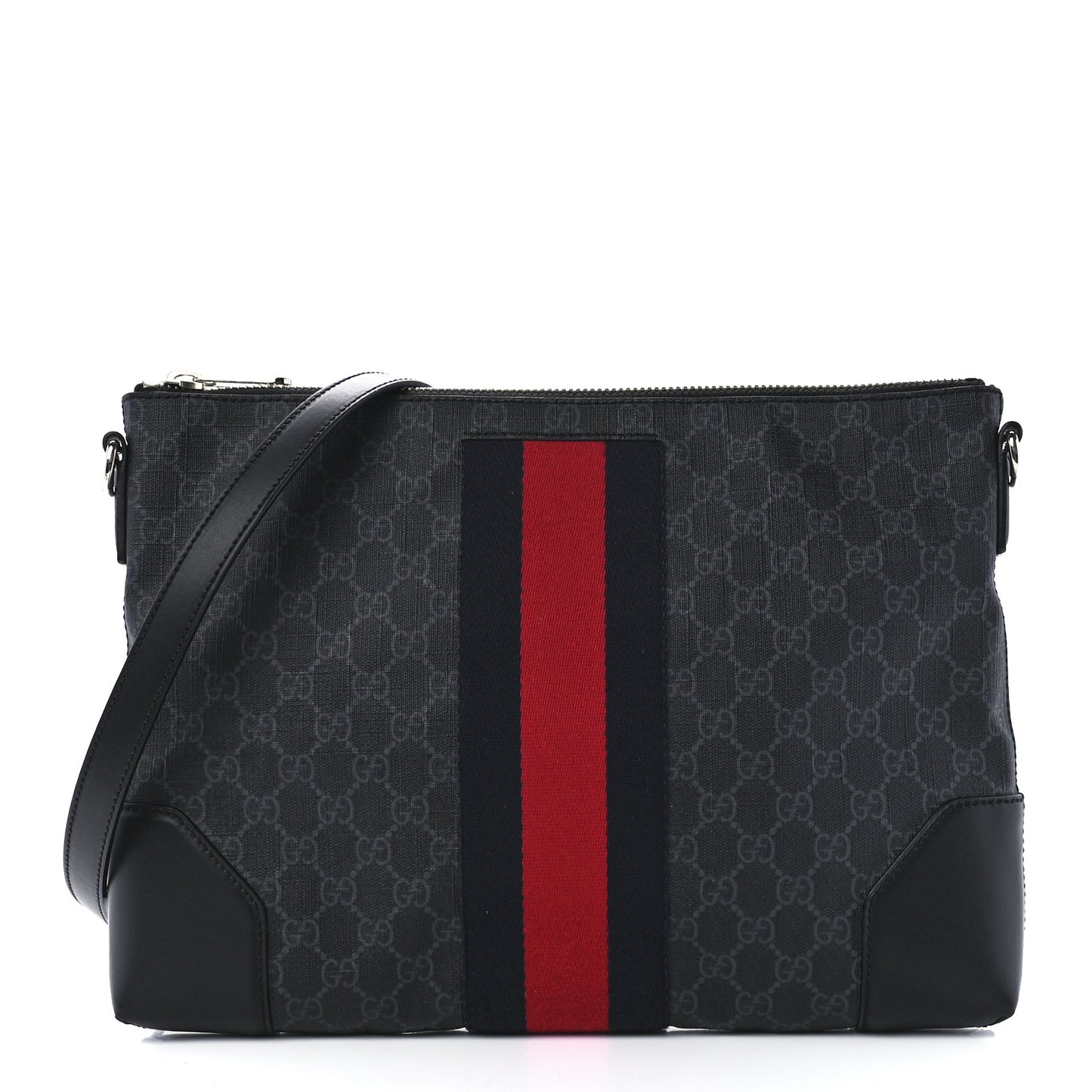 Soft GG Supreme Monogram Appia Calfskin Web East West Messenger Bag Black Grey