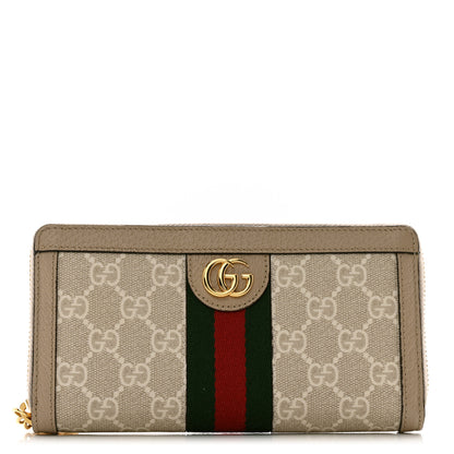 Gucci GG Supreme Monogram Textured Dollar Calfskin Web Ophidia Zip Around Wallet Beige Mystic White Oatmeal 1 of 8