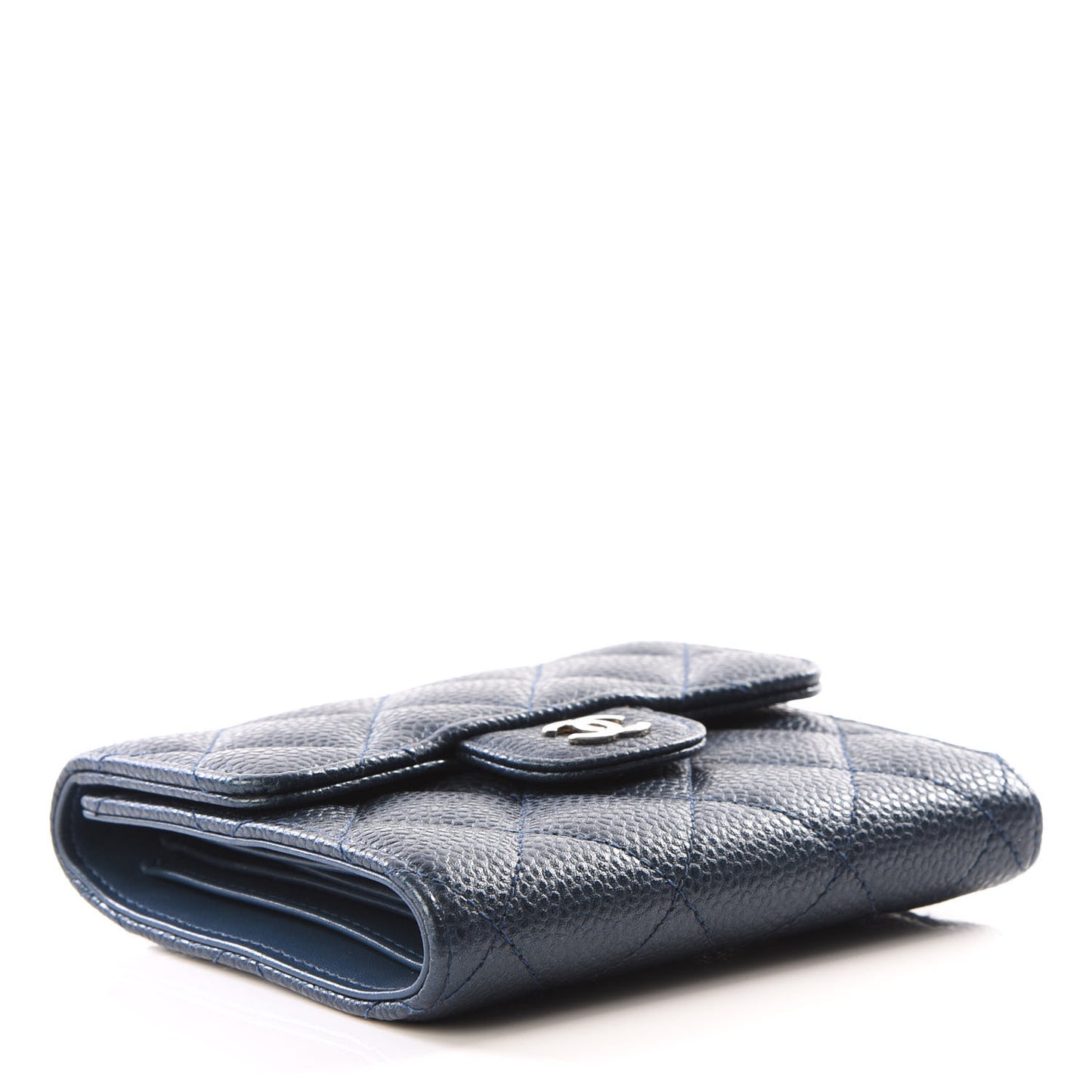 Metallic Caviar Quilted Compact Flap Wallet Dark Blue