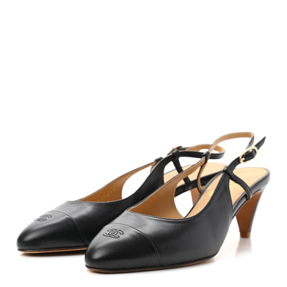 Chanel Calfskin Embossed Cap Toe CC Slingback Pumps 38 Black 3 of 10