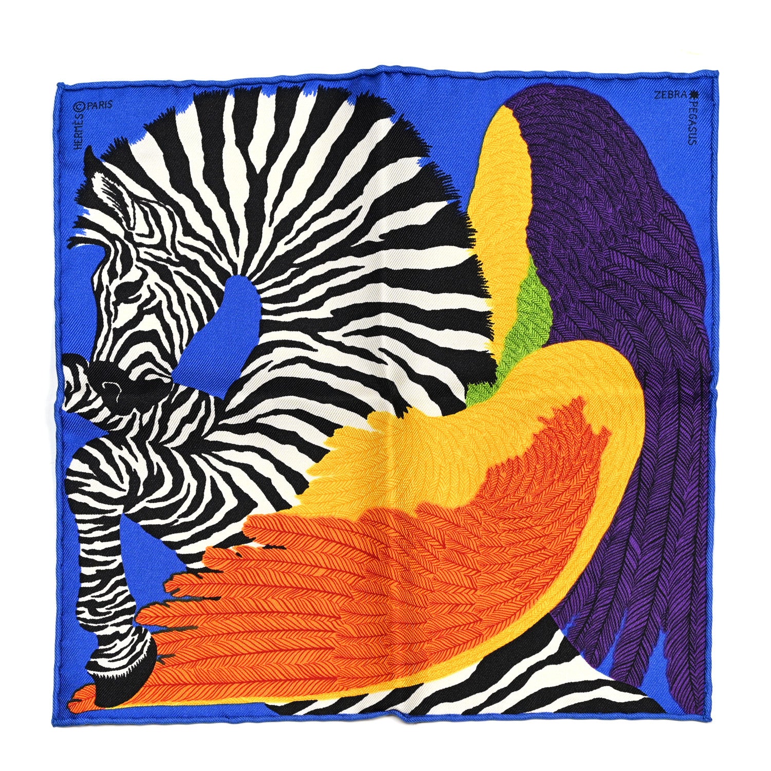 Hermes Silk Zebra Pegasus Nano Scarf 20 Bleu Vif Jaune White
