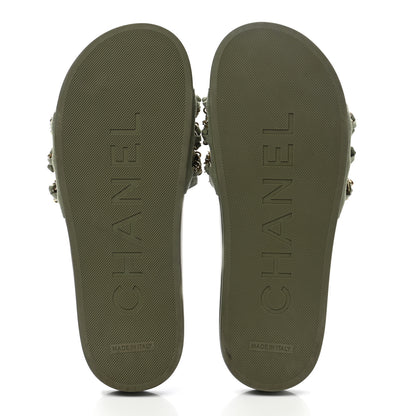 Chanel Canvas Chain Flat Sandals 38 Khaki 5 of 10