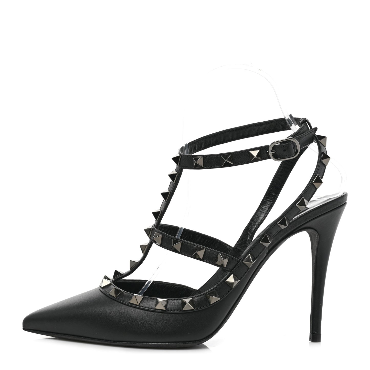 Calfskin Nappa Rockstud Ankle Strap 100mm Pumps 38.5 Black