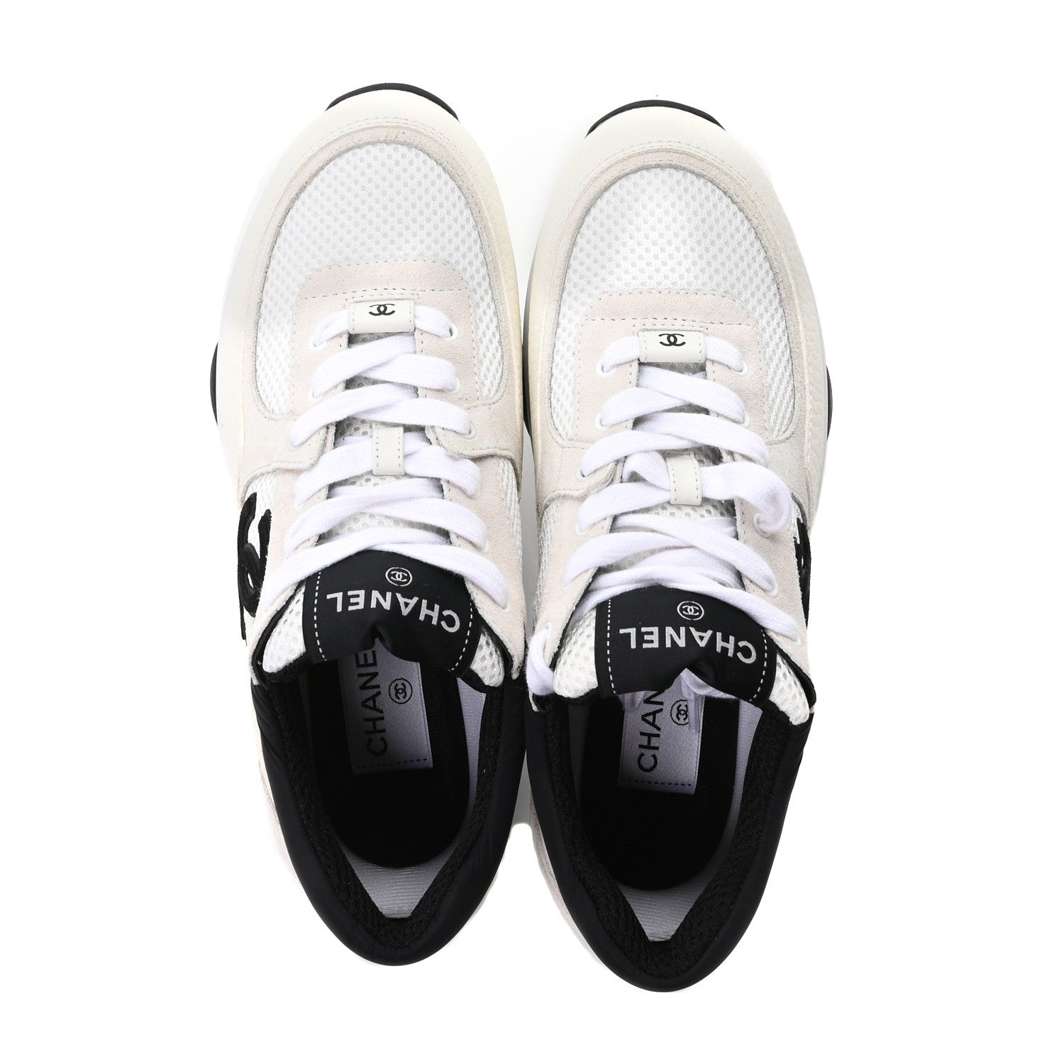 Chanel Mesh Suede Grained Calfskin Womens CC Sneakers 38 White Black 2 of 10