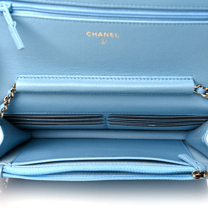 Chanel Caviar Quilted Crystal CC Wallet On Chain WOC Light Blue 5 of 12