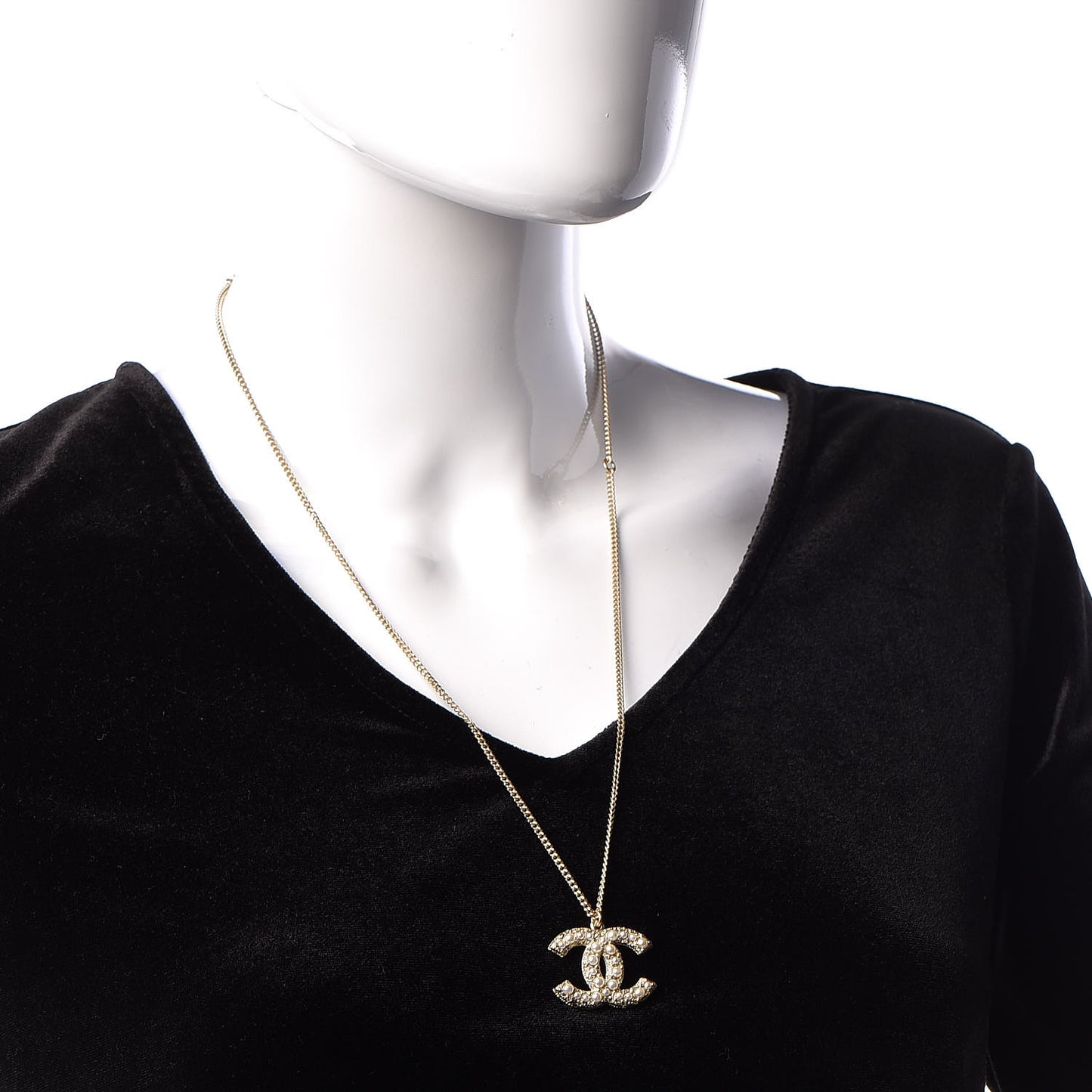 Crystal Pearl CC Pendant Necklace Gold