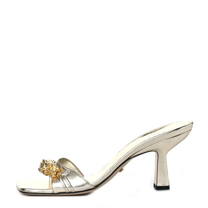 Gucci Metallic Nappa Dora Tiger Head Mid Heel Slide Sandals 38 Gold 1 of 8