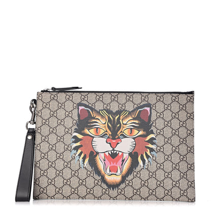 Gucci GG Supreme Monogram Angry Cat Zip Wristlet Pouch Beige 1 of 8