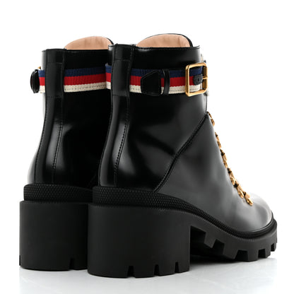 Gucci Calfskin Sylvie Web Womens Lace Up Combat Boots 37 Black 4 of 9